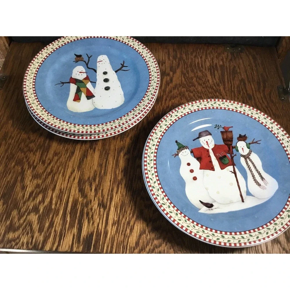 Vtg Debbie Mumm Jolly Snowmen Sakura 1997 Salad Plates Country Christmas Winter‎